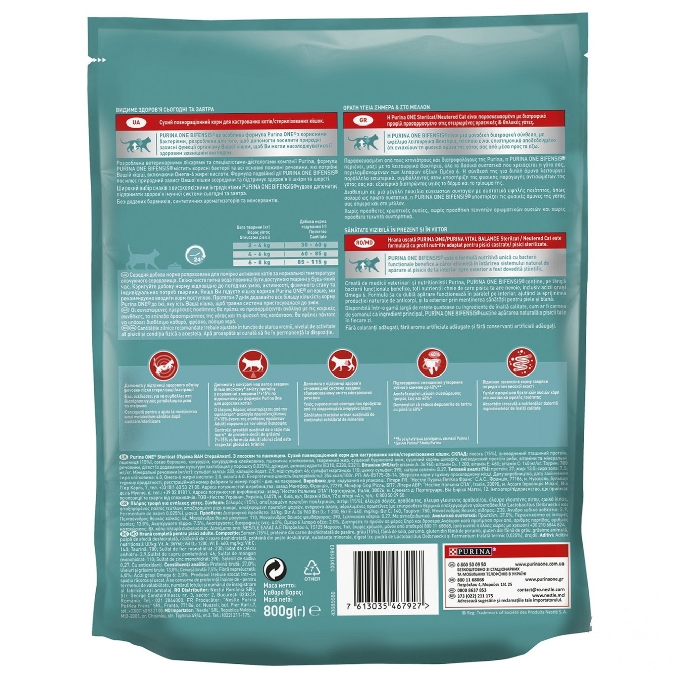 Корм сухой Purina ONE Sterilcat С лососем и пшеницей для кастрированных котов и стерилизованных кошек 800г
Корм сухой Purina ONE Sterilcat С лососем и пшеницей для кастрированных котов и стерилизованных кошек 800г