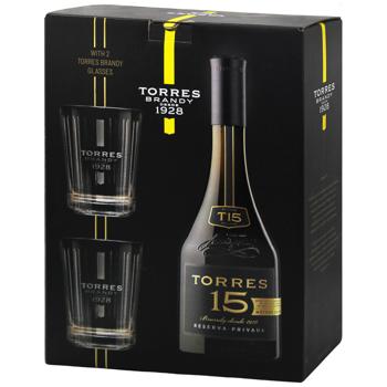 Бренди Torres 15 лет 40% 0,7л и 2 стакана - купить, цены на Auchan - фото 1