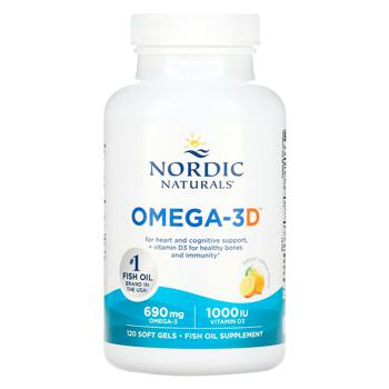 Рыбий жир и витамин Д3 Nordic Naturals Omega-3D со вкусом лимона 1000мг 120 гелевых капсул - купить, цены на Biotus - фото 1