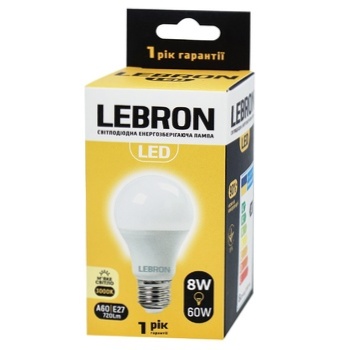 Лампа Lebron светодиодная A60 8W Е27 3000K - купить, цены на Auchan - фото 1