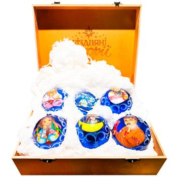 Набір новорічних куль в дерев'яній коробці Диканьські вечори синій Різдвяні Історії 1 шт - купить, цены на WINETIME - фото 1