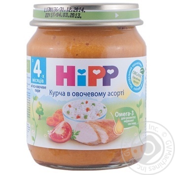 Puree HiPP bio chicken with rice and vegetables for 4+ months babies glass jar 125g Hungary - buy, prices for NOVUS - photo 1