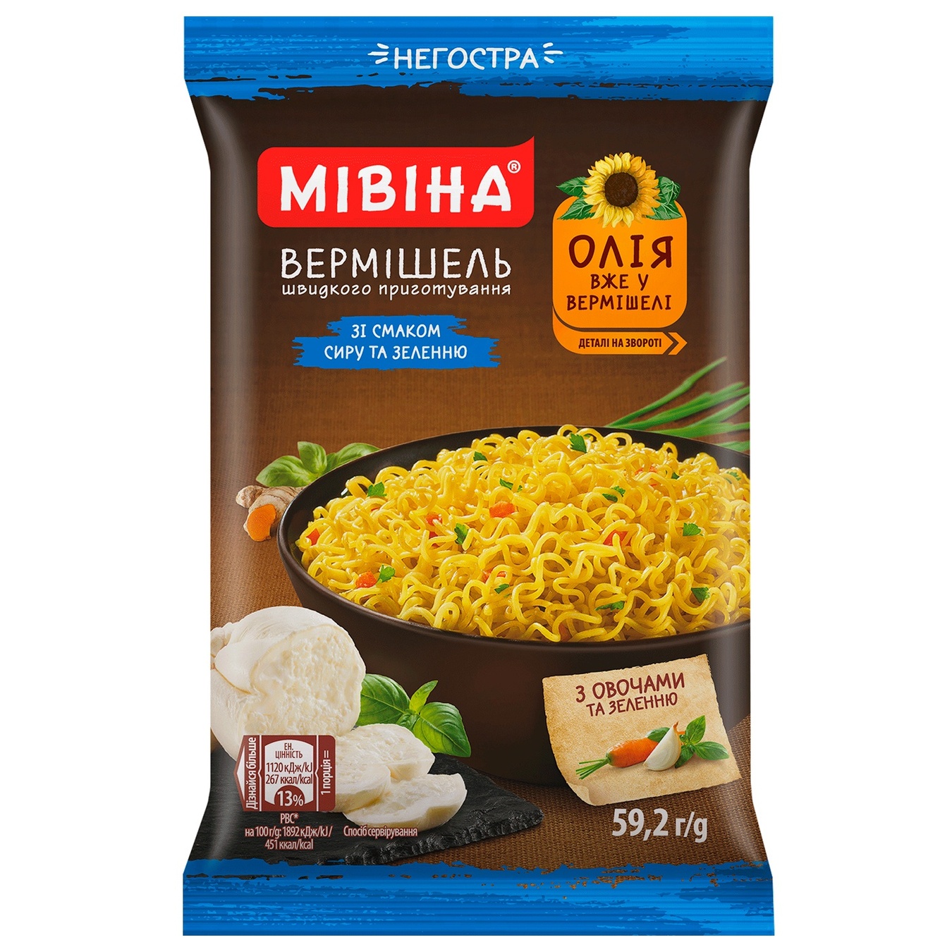 

Вермишель МИВИНА® со вкусом Сыра и зелени неострая 60г