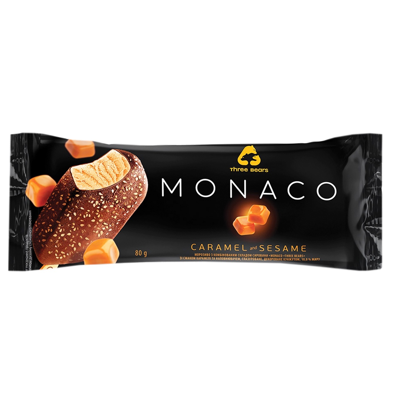 

Мороженое Три Медведя Monaco Карамель-кунжут в глазури на палочке 80г