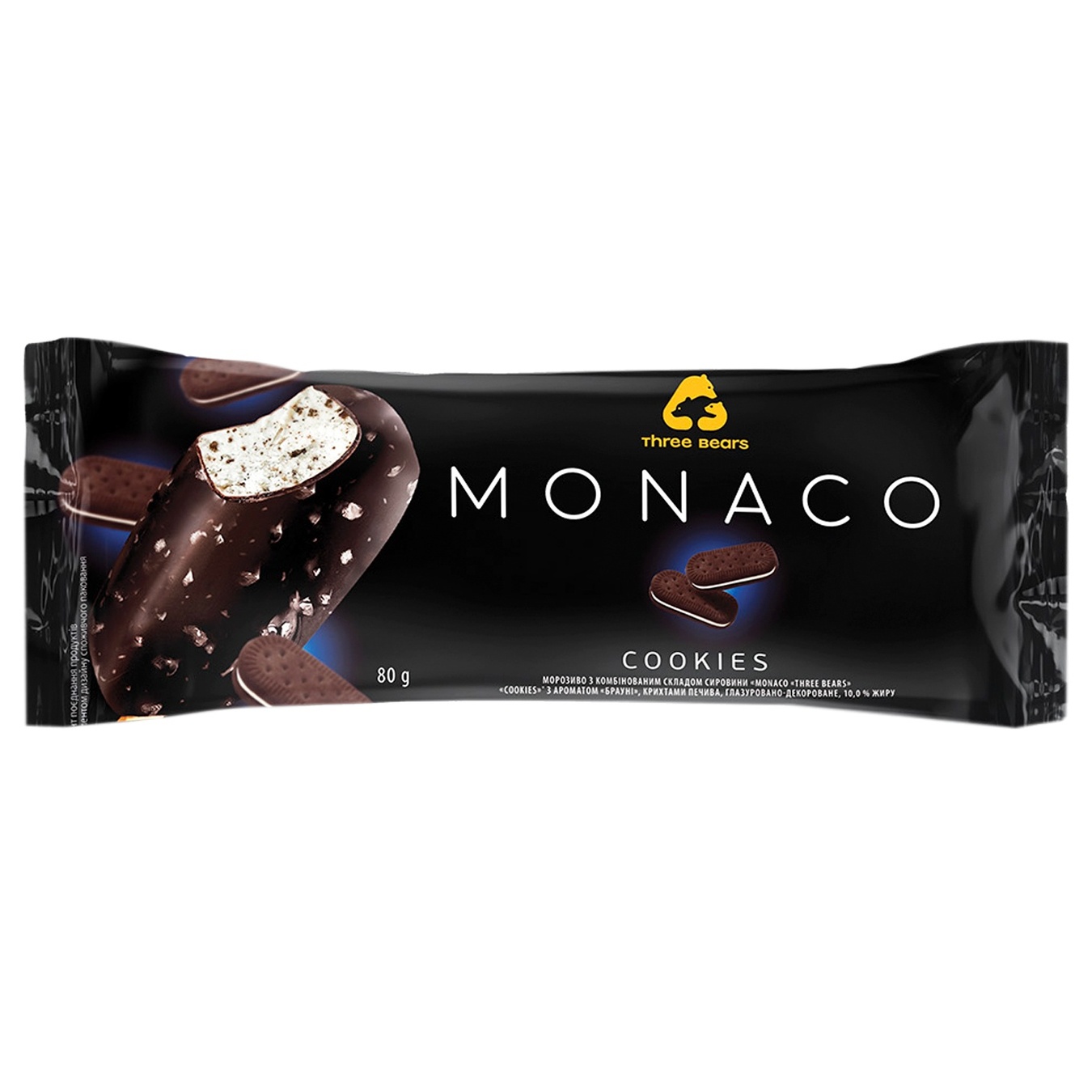 

Мороженое Три Медведя Monaco Cookies Печенье-шоколад в глазури на палочке 80г
