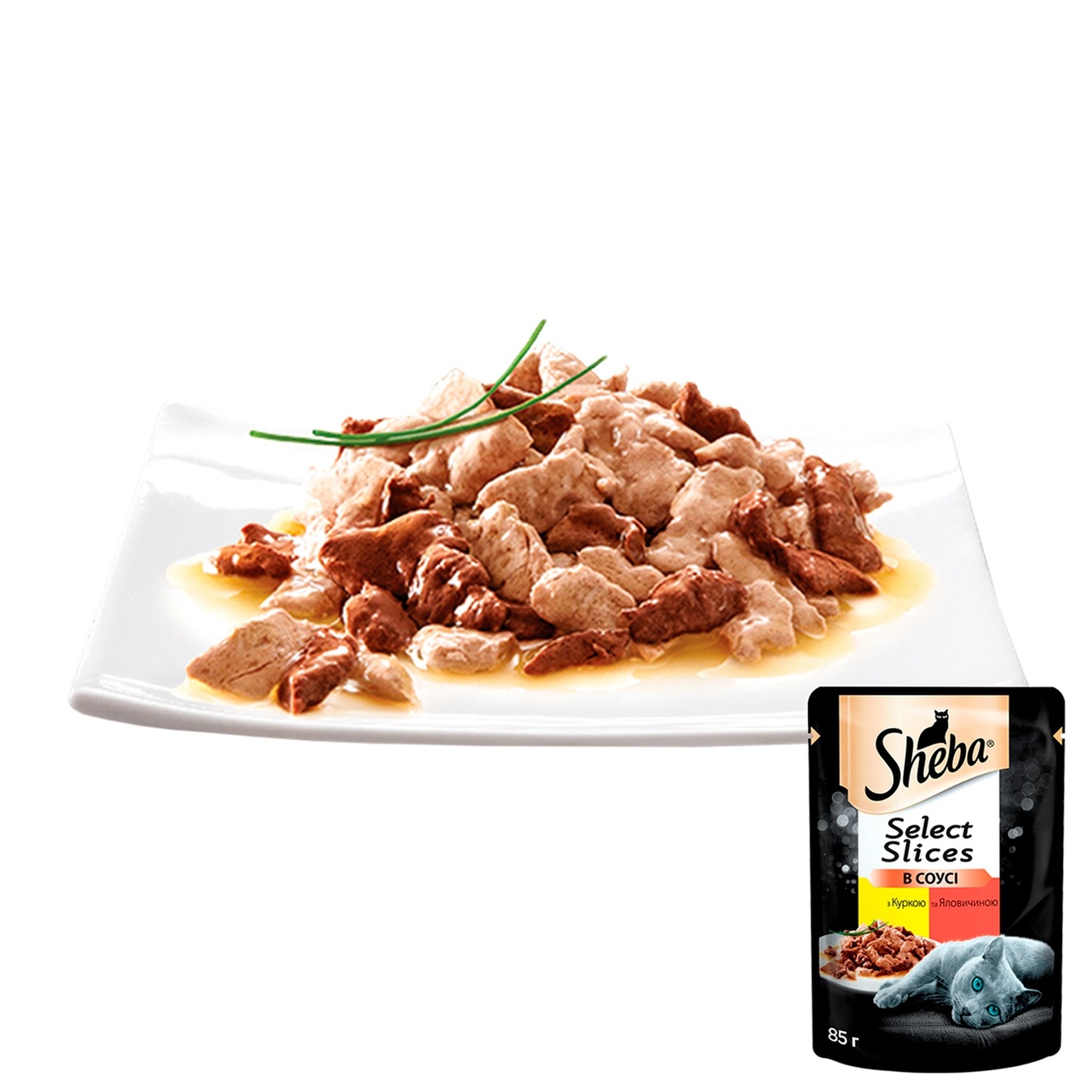 

Корм Sheba Select Slices с курицей и говядиной в соусе для взрослых кошек 85г