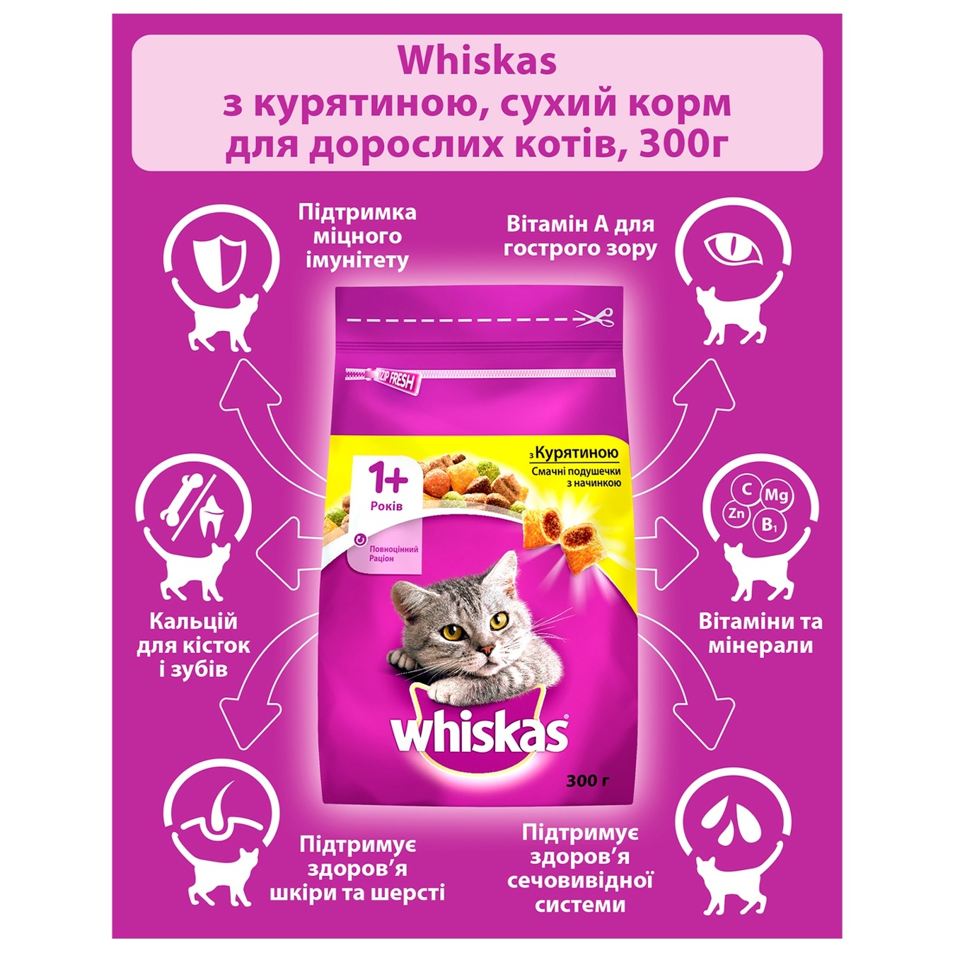

Корм сухой Whiskas для взрослых кошек с курицей 300г