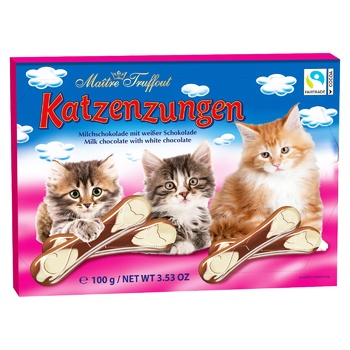Шоколад Maitre Truffout Котячі язички молочний та білий шоколад 100г