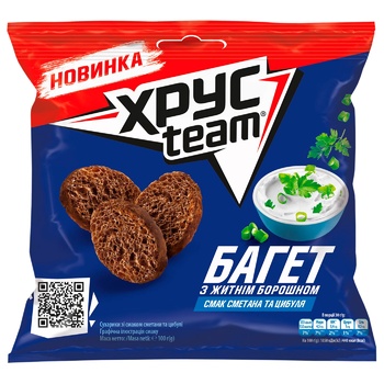 Сухарики ХрусTeam Багет ржаные вкус сметана и лук 100г Сухарики ХрусTeam Багет ржаные вкус сметана и лук 100г - купить, цены на - фото 1