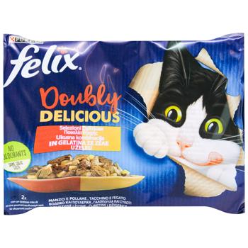 Набір вологих кормів Felix Doubly Delicious з індичкою-печінкою та яловичиною-птицею для дорослих котів 85г х 4шт
