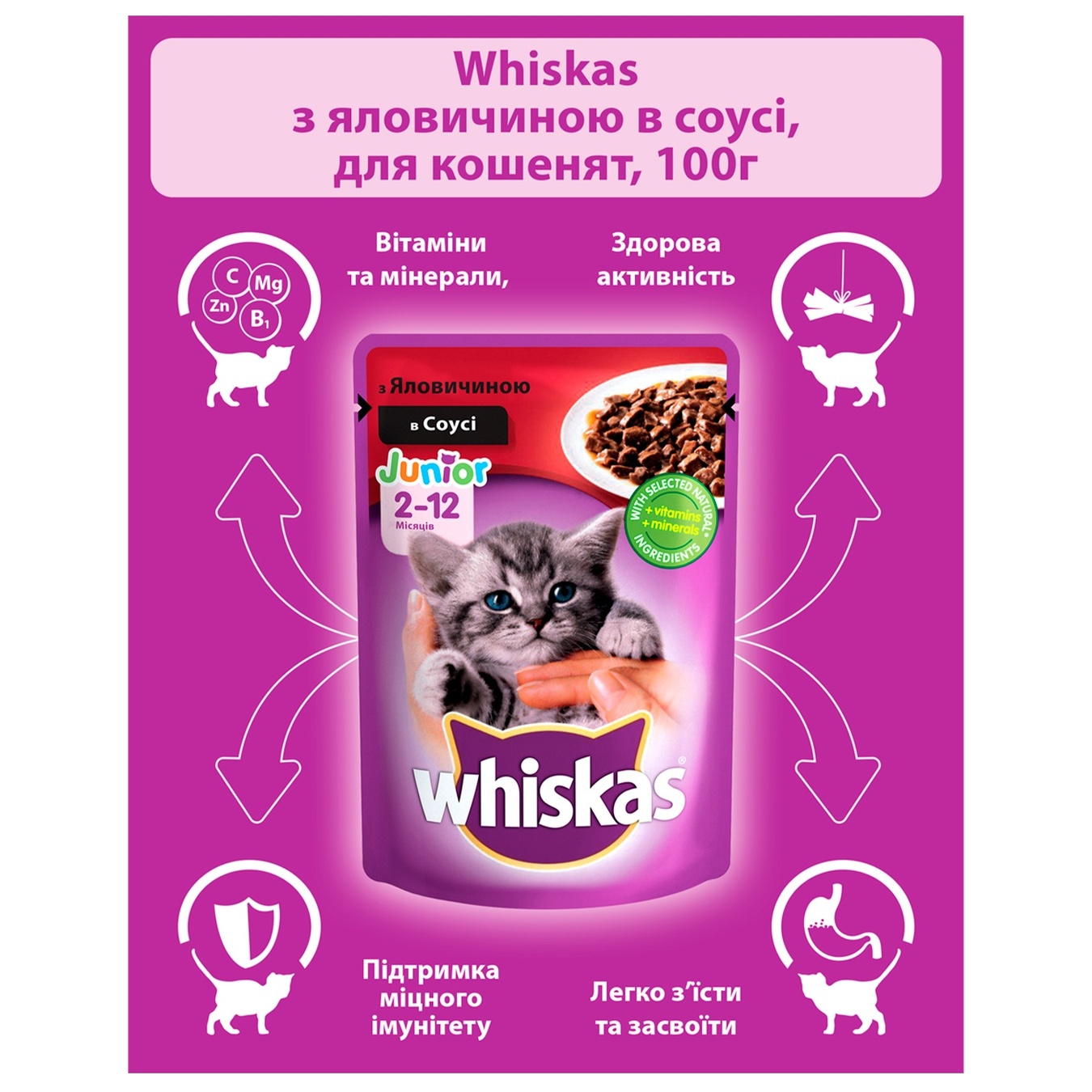 

Корм Whiskas для котят с говядиной в соусе 100г