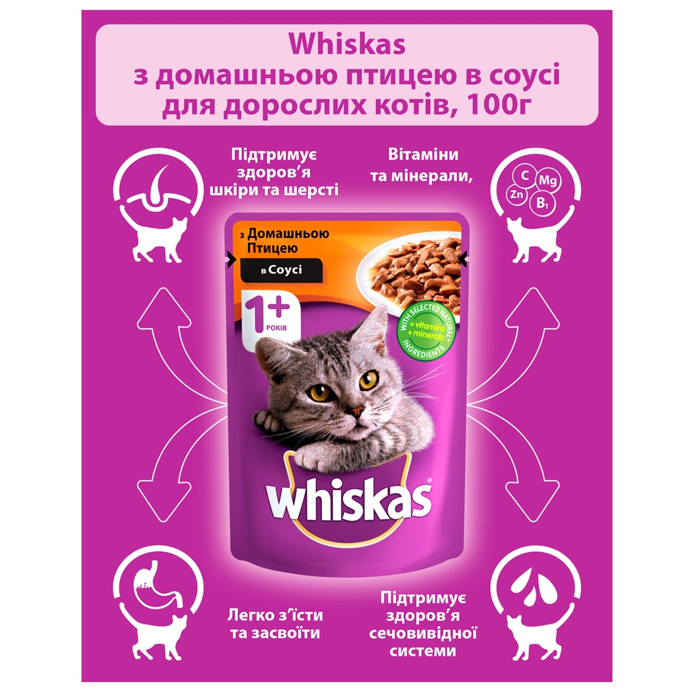 

Корм Whiskas с домашней птицей в соусе для взрослых котов 100г