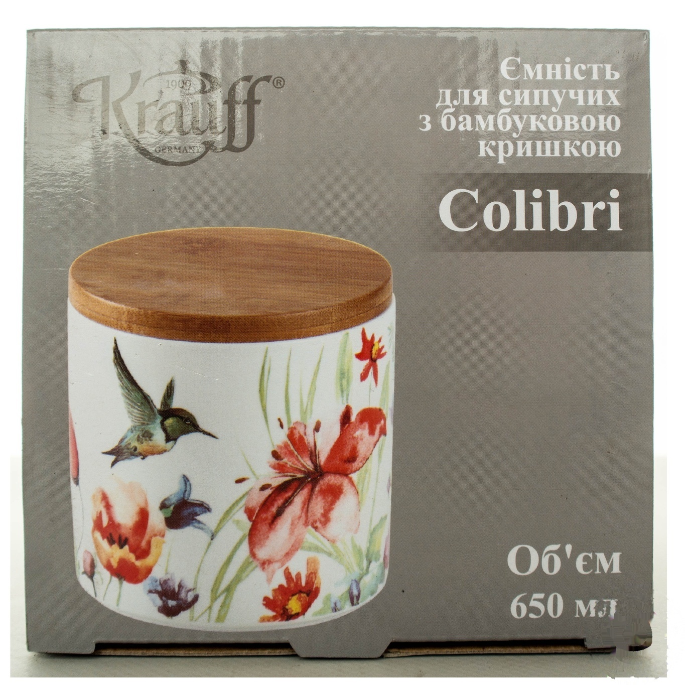

Емкость для сыпучих Krauff Colibri с бамбуковой крышкой 11см 650мл