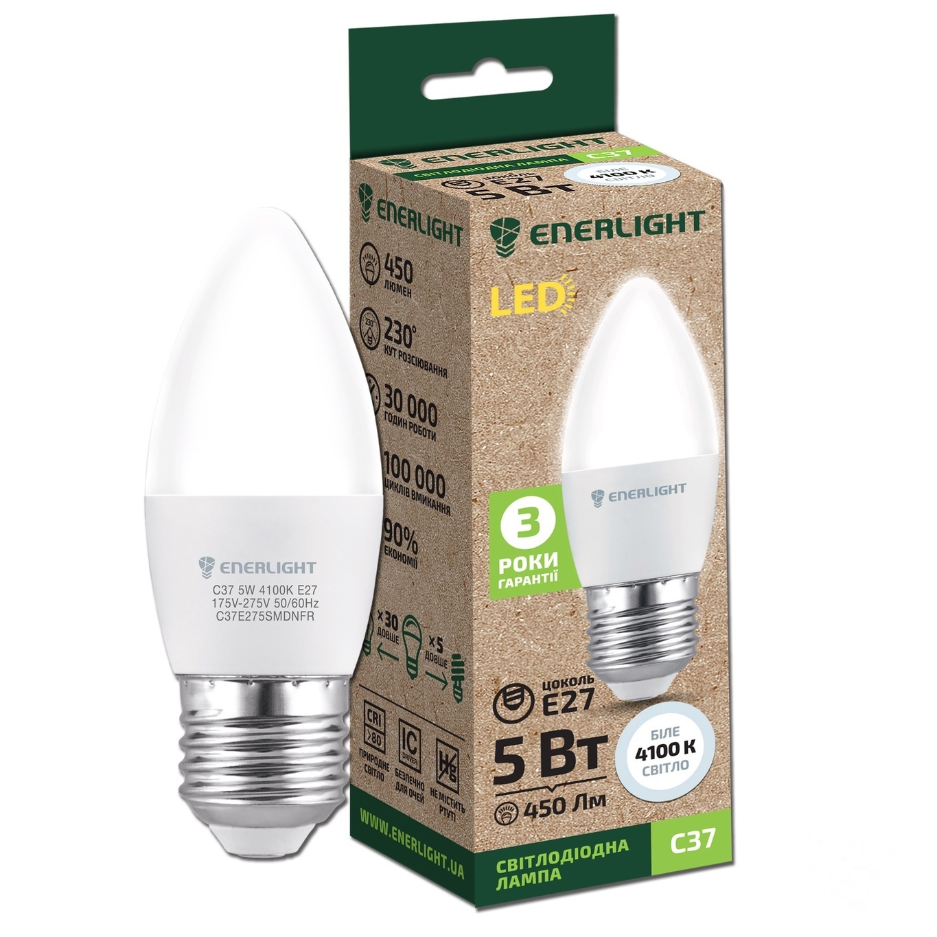 

Лампа светодиодная Enerlight С37 5Вт 4100K E27