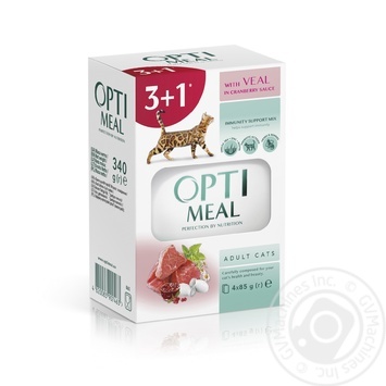 Optimeal Wet Food with Veal and Cranberries for Adult Cats 3+1pcs x 85g - buy, prices for - photo 1