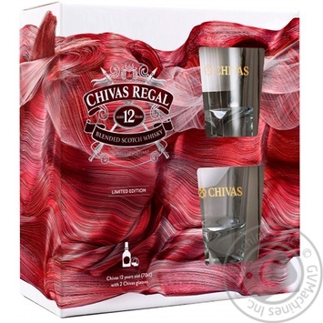 Віскі Chivas Regal 12 років 40% 0,7л + 2 ексклюзивні склянки в подарунковій упаковці купити, ціни на МегаМаркет - фото 1