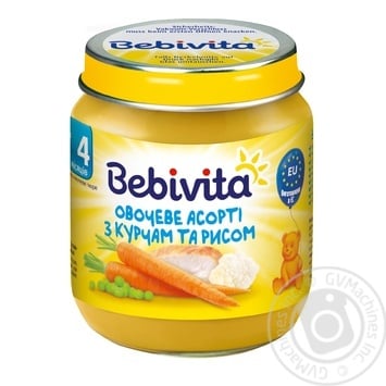 Пюре Bebivita Овочеве асорті з курчам та рисом м’ясо-овочеве для дітей з 4 місяців 125г - купити, ціни на МегаМаркет - фото 1