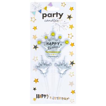Набор свечей Party Candles Короны для торта 3шт золото-серебро-бронза - купить, цены на КОСМОС - фото 1