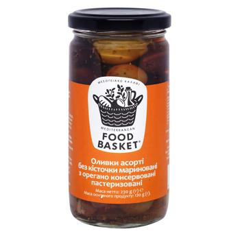 Food Basket Pitted Marinated With Oregano Pasteurized Olives 260g - buy, prices for NOVUS - photo 1