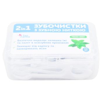 Зубочистки San Farma з зубною ниткою 2в1 Свіжість м'яти 50шт - купити, ціни на ЕКО Маркет - фото 2