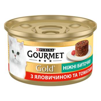 Корм вологий Gourmet Gold Ніжні биточки з яловичиною та томатами для дорослих котів 85г - купити, ціни на MasterZoo - фото 1