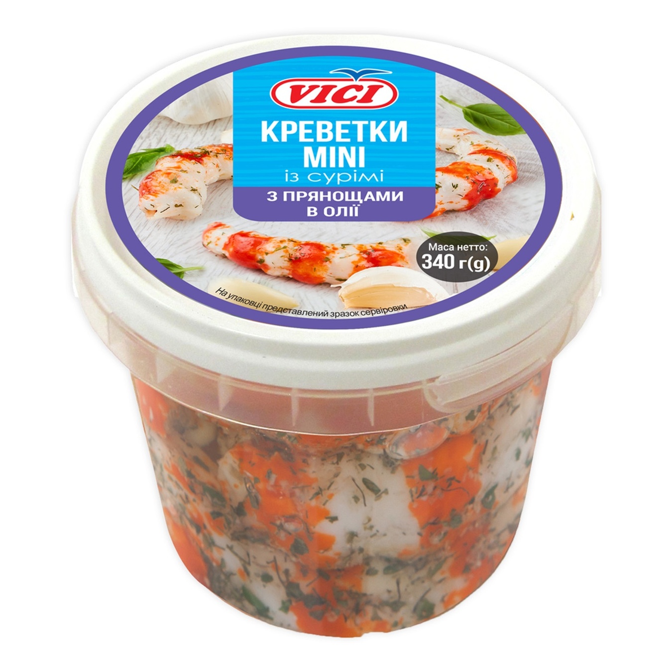 

Креветки Vici Mini из сурими в масле с пряностями в чесночном масле 340г