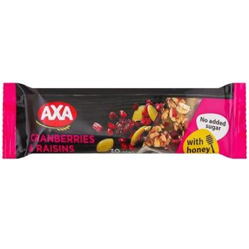 Батончик злаковый Axa с клюквой, изюмом, злаками и медом без сахара 30г