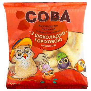 Палочки кукурузные Сова Кукурузное наслаждение с шоколадно-ореховой начинкой 115г