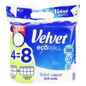 Туалетний папір Velvet Soft White Eco Roll 4=8 рул. 3 шари 300 відривів - купити, ціни на Grono - фото 1
