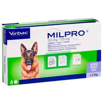 Таблетки Virbac Milpro для собак от 5 до 25 кг для лечения и профилактики гельминтозов 12,5мг/125мг 4шт - купить, цены на MasterZoo - фото 1