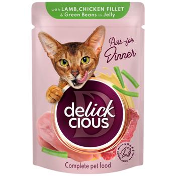 Delickcious Wet Food Slices with Lamb Chicken and Asparagus Beans in Jelly for Adult Cats 85g - buy, prices for Vostorg - photo 1