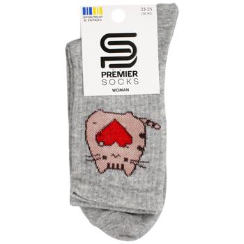 Носки Premier Socks женские классические с высокой резинкой Котик с сердцем р.23-25 серый меланж