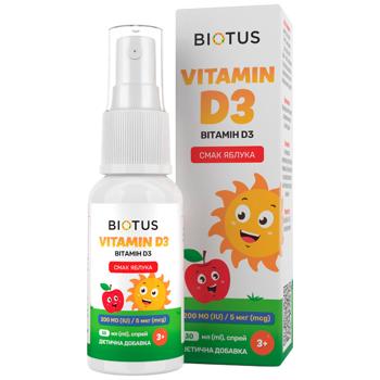 Вітамін D3, Vitamin D3, Biotus, спрей для дітей, смак яблука, 30 мл - купить, цены на Biotus - фото 1