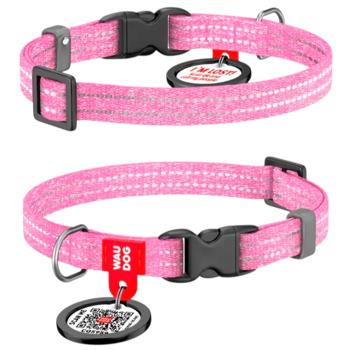 Waudog Re-Cotton Reflective Collar with QR Passport for Cats and Dogs 20-30cm/10mm Pink