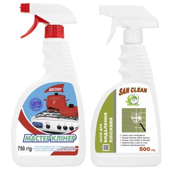 Засіб чистячий San Clean Мастер Клінер для видалення жиру 750г + Засіб San Clean Green House для видалення плісняви 500г - купити, ціни на Торба - фото 1