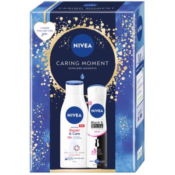 Набір подарунковий Nivea Caring Moment Лосьйон для тіла Repair&Care 250мл + Дезодорант аерозольний Nivea Black&White Invisible 150мл - купити, ціни на Таврія В - фото 1