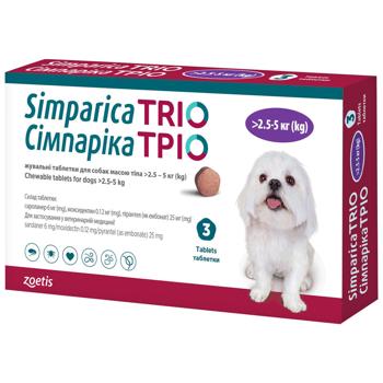 Zoetis Simparica Trio Chewable Tablets for Dogs from 2.6 to 5kg Against External and Internal Parasites 3pcs