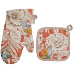Set of Glove + Pot Holder Provence Bird on Terracotta