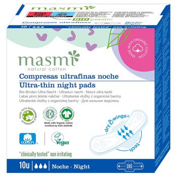 Masmi Ultra Night Ultra Thin Organic Pads for Strong Discharge with Wings 10pcs - buy, prices for MegaMarket - photo 1