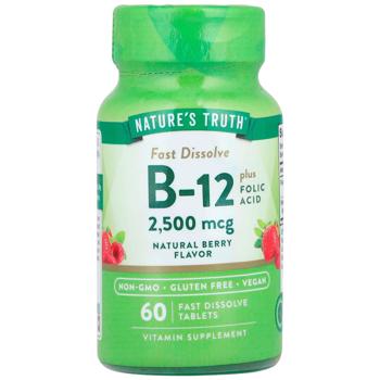 Вітамін B-12 плюс фолієва кислота, Vitamin B-12, Nature's Truth, смак ягід, 2500 мкг, 60 швидкорозчинних таблеток - купити, ціни на Біотус - фото 1