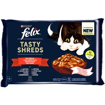 Корм влажный Felix Tasty Shreds с говядиной и курицей для взрослых кошек 4х80г - купить, цены на MasterZoo - фото 1