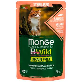 Корм влажный Monge Bwild Grain Free с лососем, креветками и овощами для стерилизованных кошек 85г - купить, цены на MasterZoo - фото 1