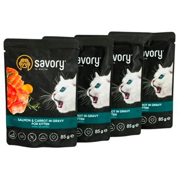 Savory Kitten упаковка вологого корму для кошенят 3+1 шт х 85 г - лосось та морква - купить, цены на MasterZoo - фото 4