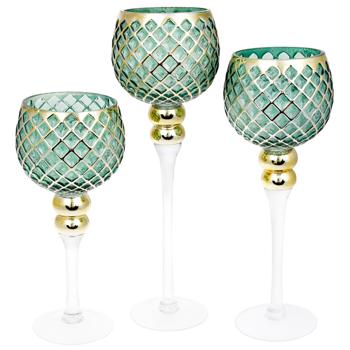 Bona Di Set of Glass Candlesticks 3pcs 30/35/40cm Green with Gold Pattern