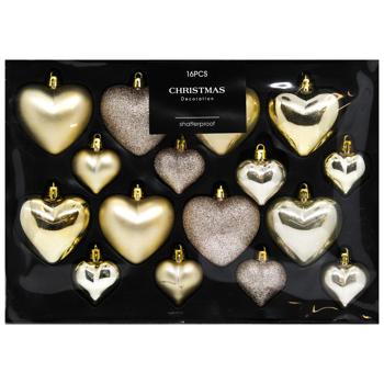 Gold Hearts Set of Christmas Tree Decorations 16pcs