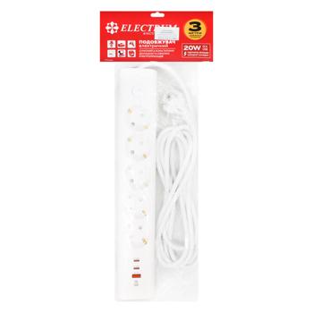 Подовжувач Electrum із заземленим контактом та вимикачем C-ES-1991 PP SB-5ES/U3PD 5 розеток 3м USB - купити, ціни на За Раз - фото 1