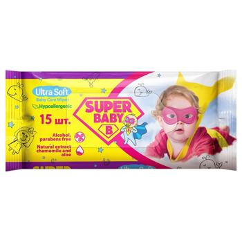 Серветки вологі Super Baby дитячі ромашка та алое 15шт - купити, ціни на Чудо Маркет - фото 1