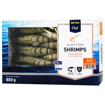 Metro Chef Frozen Black Tiger Shrimp Head on Shell on 8/12 800g - buy, prices for METRO - photo 1