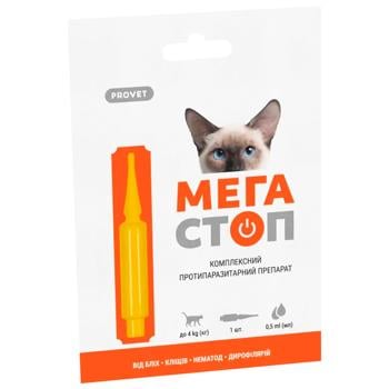 ProVET Mega Stop Drops on the Withers for Cats Up to 4kg Against External and Internal Parasites 1 pipette