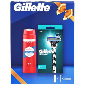 Подарунковий набір для чоловіків Gillette Станок для гоління Mach3 з 2 змінними картриджами + Гель для душу Old Spice 3-в-1 Whitewater 250 мл (8006530053242) - купить, цены на Auchan - фото 1